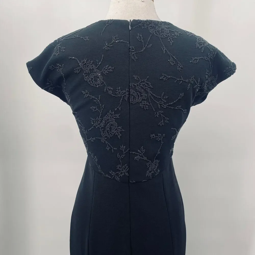 Vintage 90s Beaded Bodice Maxi Dress Knit Fitted Column Gown Empire Waist Black - Picture 6 of 8